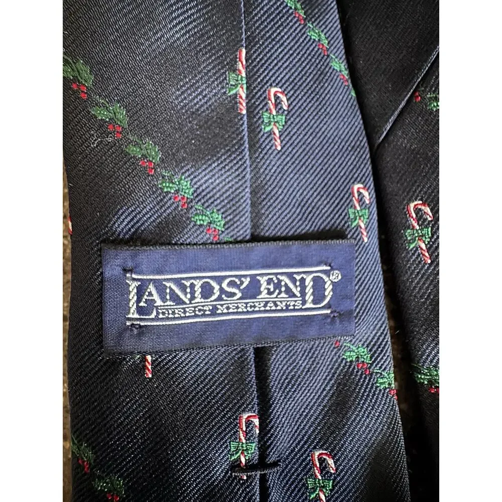 Vintage Lands' End Men's 100% Silk Christmas Candy Cane Tie Navy Hand Sewn